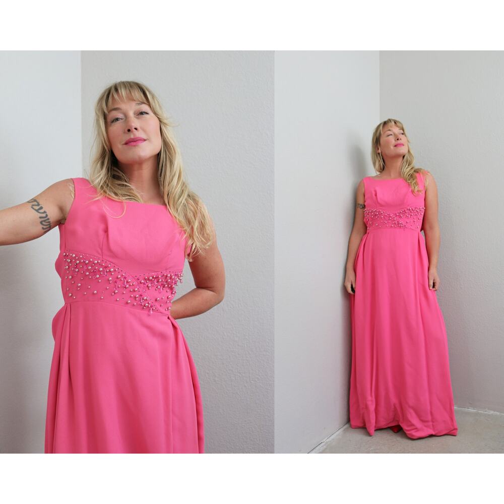 1960's Vintage Fuchsia Pink Full Length Formal Evening Gown ~ Women's XXS to XS